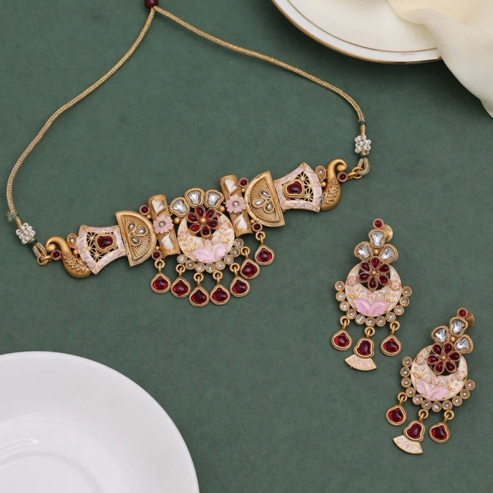 Indian style traditional kundan choker (red and pink)